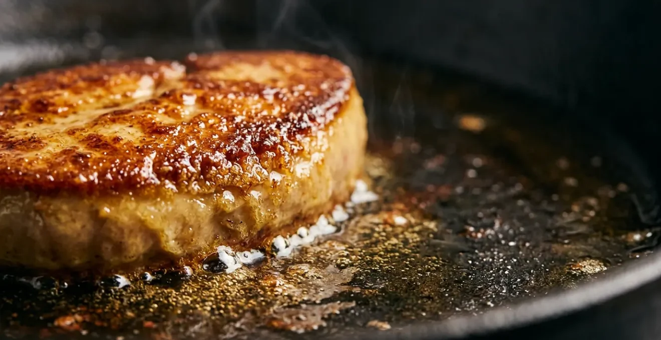 Professional culinary close-up of pan-seared foie gras slice with golden crust beginning to melt in hot cast iron skillet