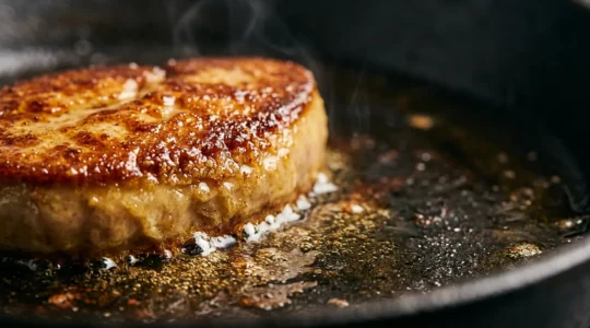 Professional culinary close-up of pan-seared foie gras slice with golden crust beginning to melt in hot cast iron skillet