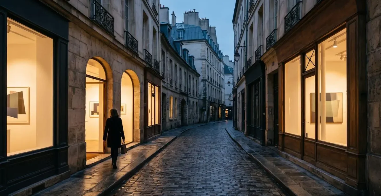 Atmospheric view of Parisian art gallery neighborhood at dusk with elegant architecture and subtle street lighting