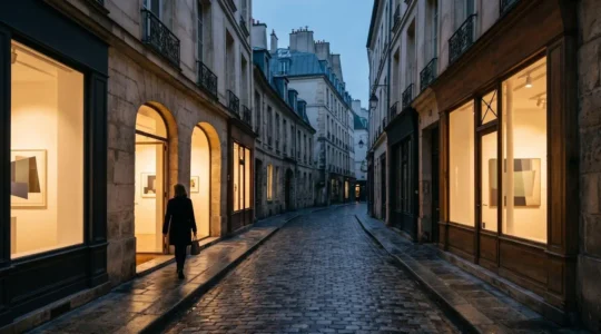 Atmospheric view of Parisian art gallery neighborhood at dusk with elegant architecture and subtle street lighting