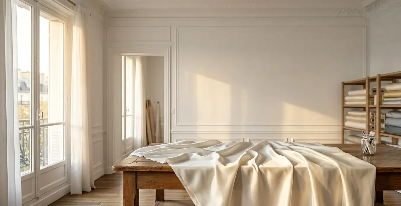 Elegant haute couture atelier interior in Paris with dramatic natural lighting showcasing fine fabrics and craftsmanship detail