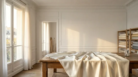 Elegant haute couture atelier interior in Paris with dramatic natural lighting showcasing fine fabrics and craftsmanship detail