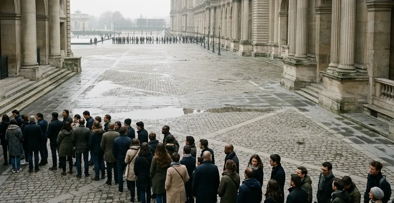 Endless queues at a major museum contrasted with empty gallery space showing the disconnect between expectation and reality of cultural tourism