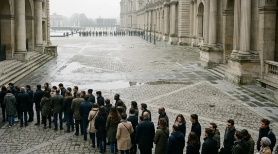 Endless queues at a major museum contrasted with empty gallery space showing the disconnect between expectation and reality of cultural tourism