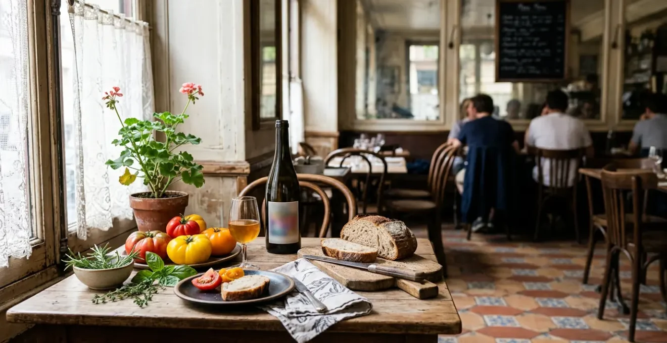 Rustic wooden dining table with seasonal French produce and natural wine in warm ambient light capturing bistronomy philosophy