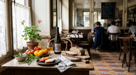 Rustic wooden dining table with seasonal French produce and natural wine in warm ambient light capturing bistronomy philosophy
