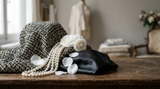 Editorial photograph capturing the essence of French luxury fashion codes and heritage