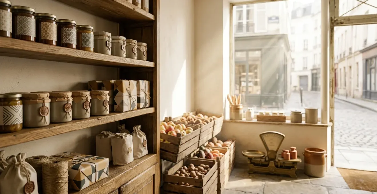 Upscale Parisian specialty food shop interior with regional French products on rustic wooden shelves