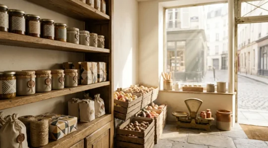 Upscale Parisian specialty food shop interior with regional French products on rustic wooden shelves