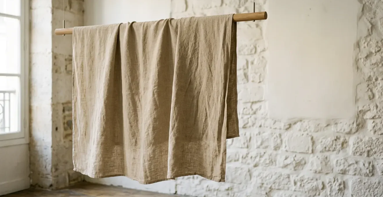 A study in effortless elegance showing the texture and drape of natural linen fabric in soft afternoon light