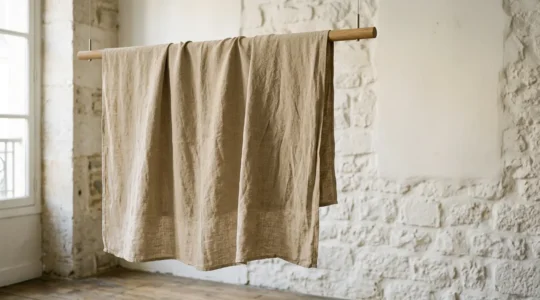 A study in effortless elegance showing the texture and drape of natural linen fabric in soft afternoon light