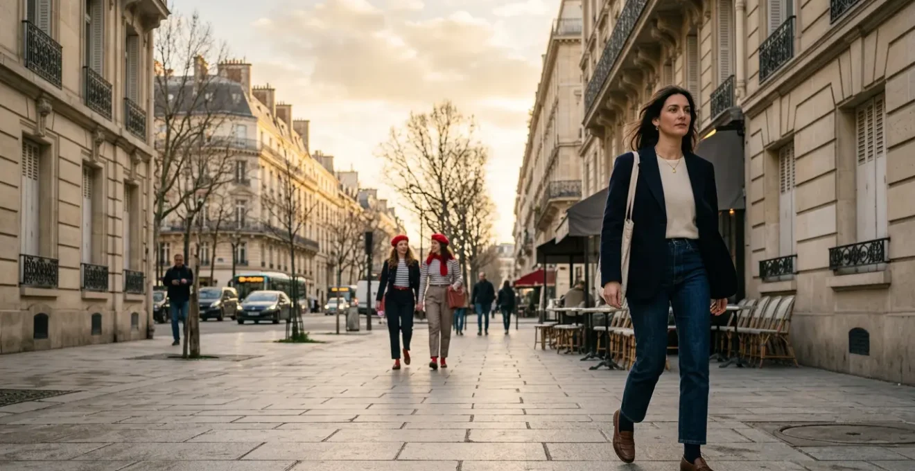 A contemplative scene contrasting authentic Parisian elegance with tourist attempts at imitation in a classic Parisian setting