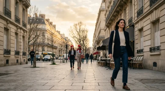 A contemplative scene contrasting authentic Parisian elegance with tourist attempts at imitation in a classic Parisian setting