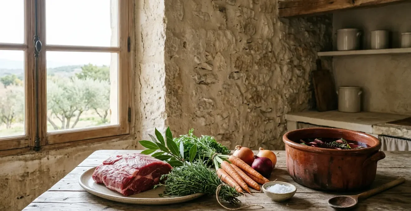 Rustic Provençal kitchen scene with daube ingredients and slow-cooking pot