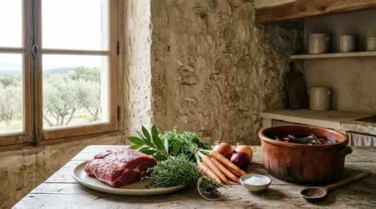 Rustic Provençal kitchen scene with daube ingredients and slow-cooking pot