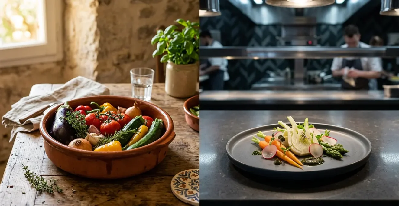 Split composition showing traditional Provençal ratatouille preparation contrasted with modern UK restaurant interpretation, emphasizing regional culinary differences