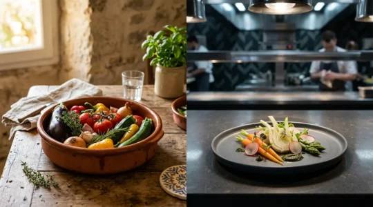 Split composition showing traditional Provençal ratatouille preparation contrasted with modern UK restaurant interpretation, emphasizing regional culinary differences