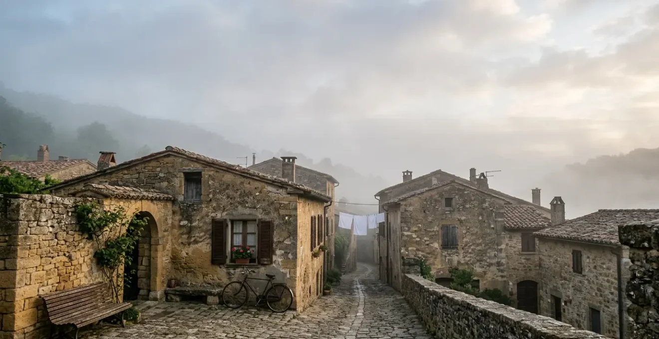 Quiet medieval stone village emerging from morning mist with authentic lived-in character