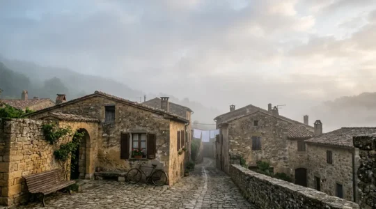 Quiet medieval stone village emerging from morning mist with authentic lived-in character