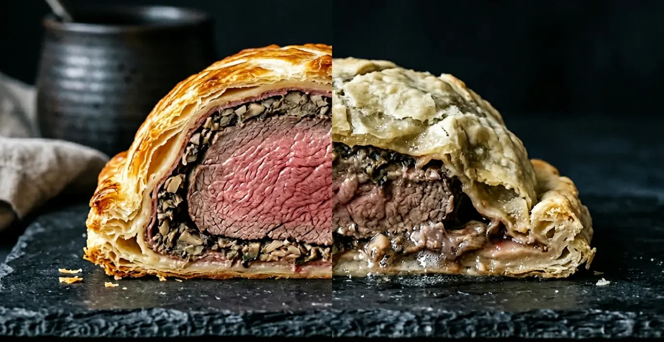 Close-up of a beef Wellington with perfectly golden puff pastry contrasted against a soggy bottom crust showing moisture damage