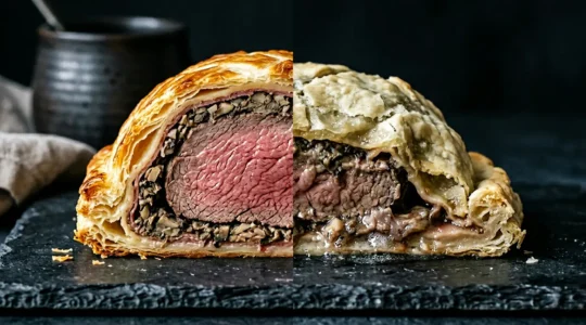 Close-up of a beef Wellington with perfectly golden puff pastry contrasted against a soggy bottom crust showing moisture damage