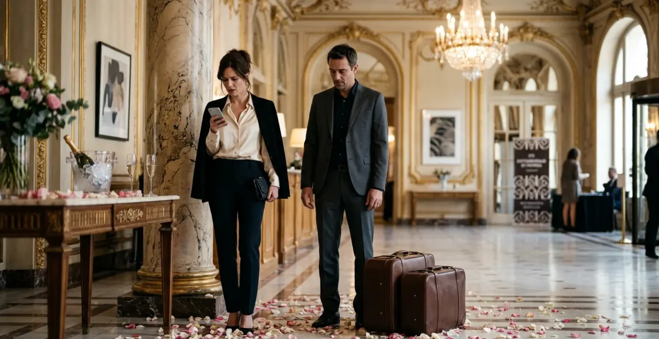 Couple standing in elegant French hotel lobby looking overwhelmed and disconnected despite romantic setting