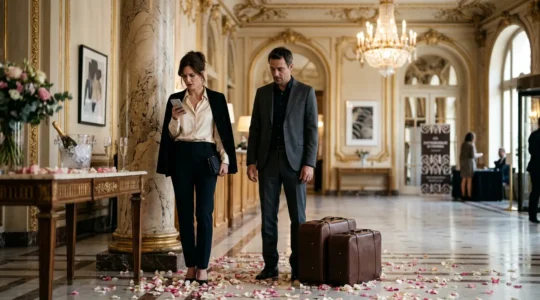 Couple standing in elegant French hotel lobby looking overwhelmed and disconnected despite romantic setting