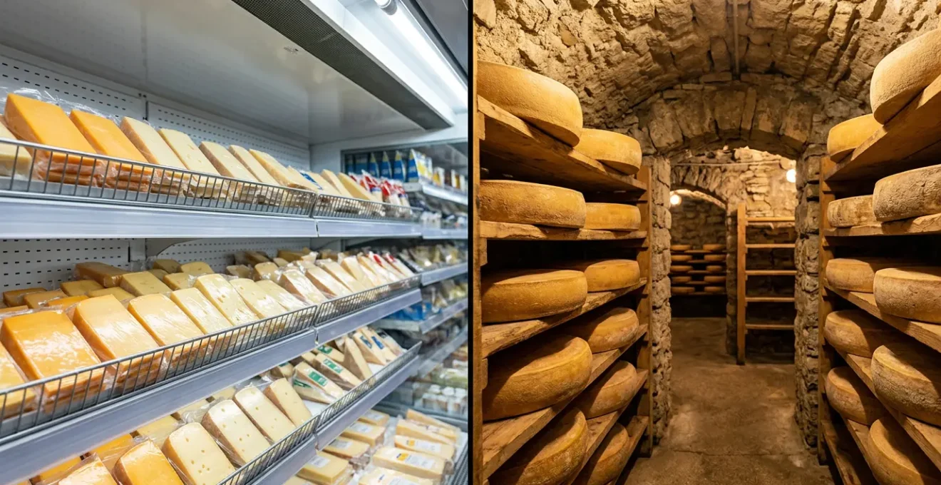 Split scene comparing industrially-packaged cheese in a supermarket refrigerator versus artisanal cheese aging in a traditional Jura mountain cave