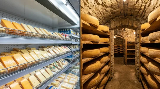 Split scene comparing industrially-packaged cheese in a supermarket refrigerator versus artisanal cheese aging in a traditional Jura mountain cave