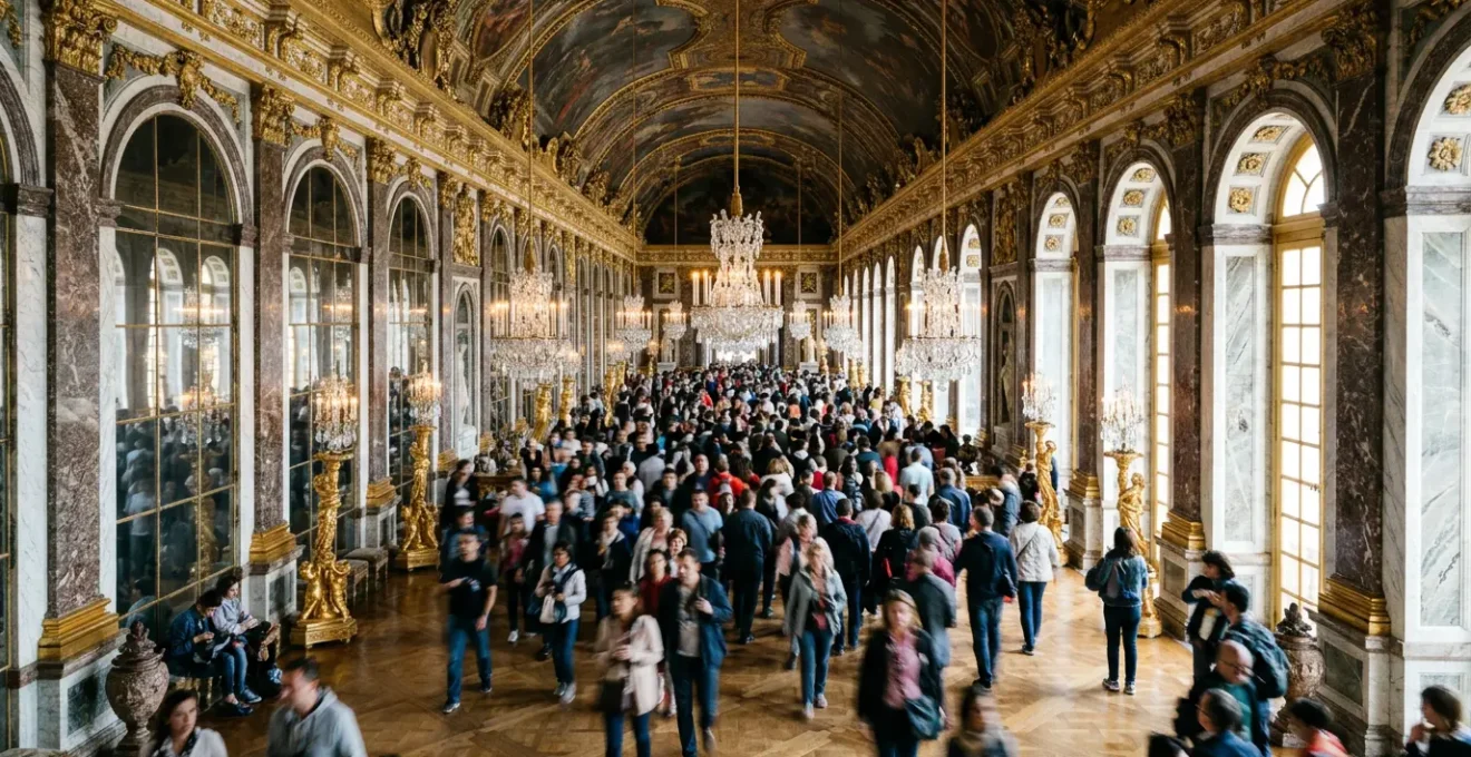 Crowded Hall of Mirrors at Versailles Palace with tourists creating theme park atmosphere