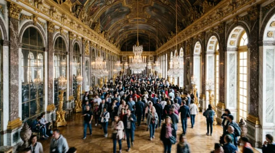 Crowded Hall of Mirrors at Versailles Palace with tourists creating theme park atmosphere