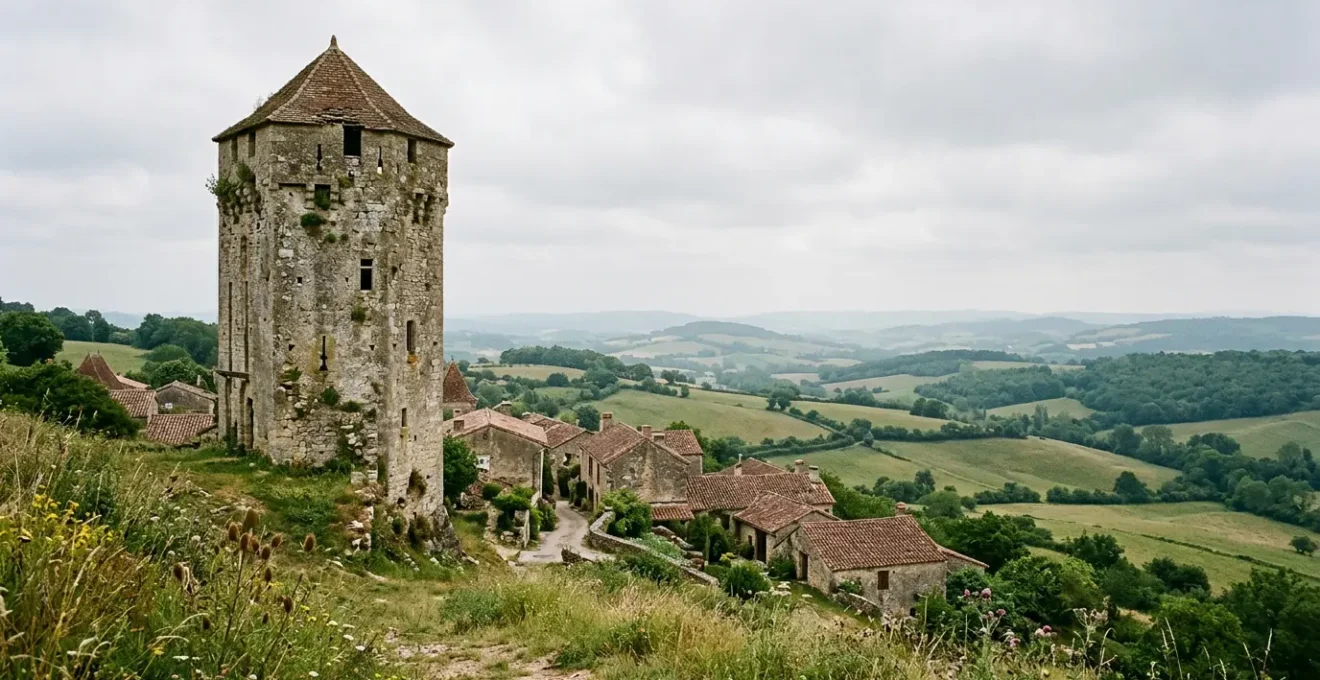 Atmospheric view of an ancient weathered stone tower rising from a small French village nestled in rolling countryside under soft natural light