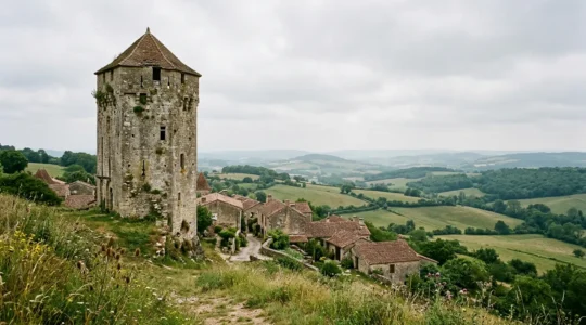 Atmospheric view of an ancient weathered stone tower rising from a small French village nestled in rolling countryside under soft natural light