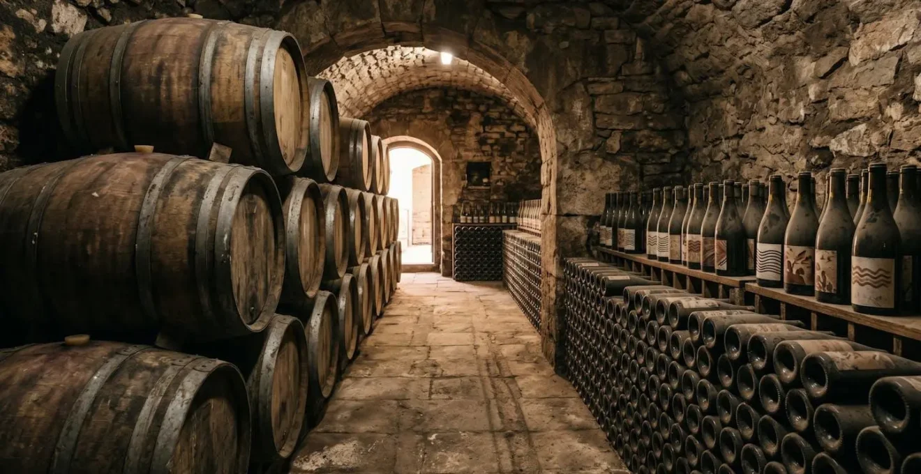 Elegant French wine cellar with traditional wooden barrels and wine bottles arranged in rows, showcasing authentic terroir-driven selections