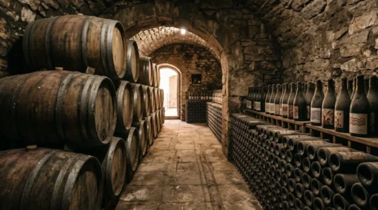 Elegant French wine cellar with traditional wooden barrels and wine bottles arranged in rows, showcasing authentic terroir-driven selections