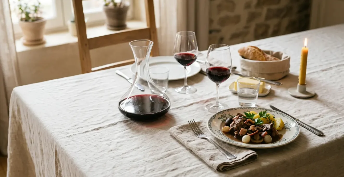 Elegant dining table with wine glasses and French cuisine in natural lighting