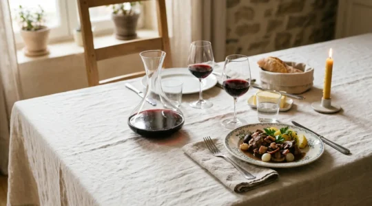 Elegant dining table with wine glasses and French cuisine in natural lighting