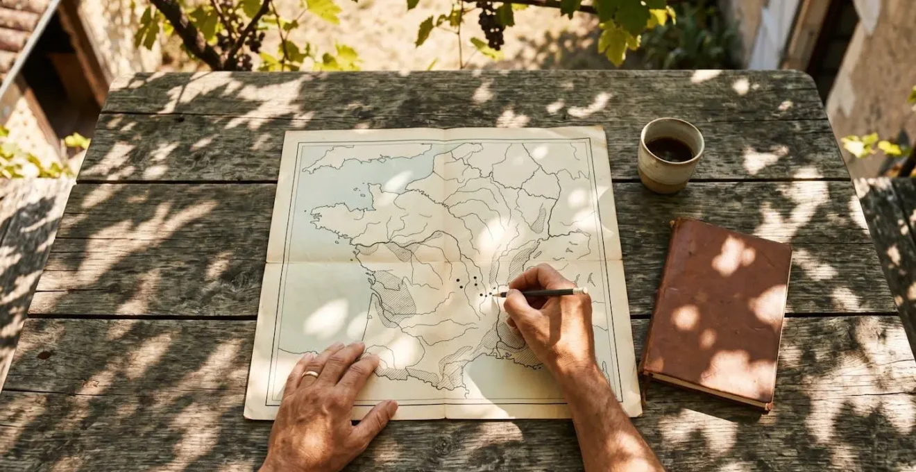 Hands sketching simple travel route on paper map of France with minimal planning markers