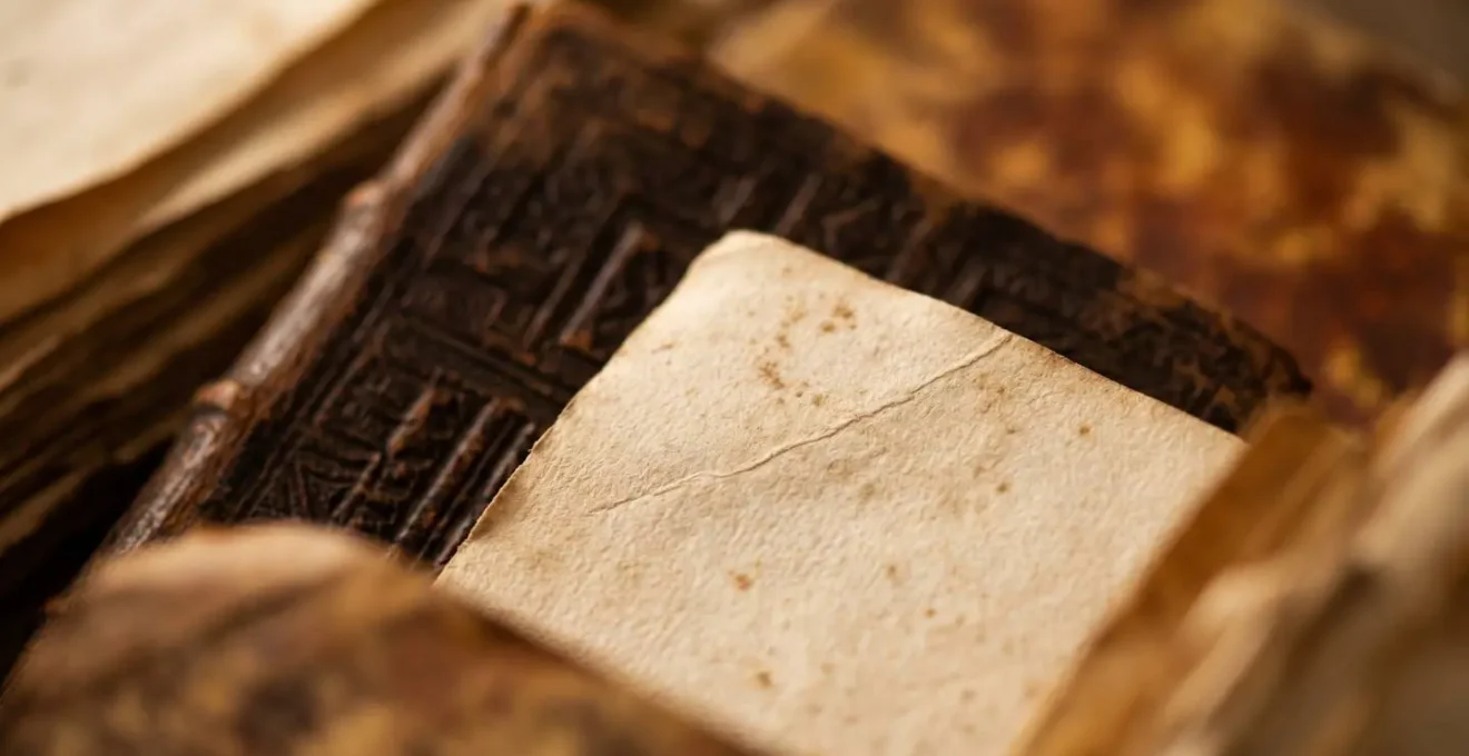 Extreme close-up of aged manuscript pages and antique leather-bound documents with visible texture and warm lighting