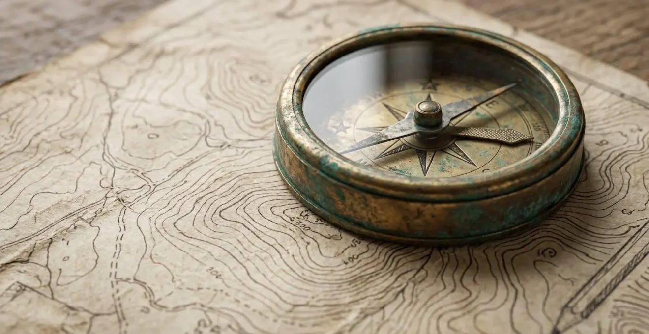 Close-up macro shot of an aged brass compass resting on a hand-drawn topographic map showing rural French terrain with tactile paper texture visible
