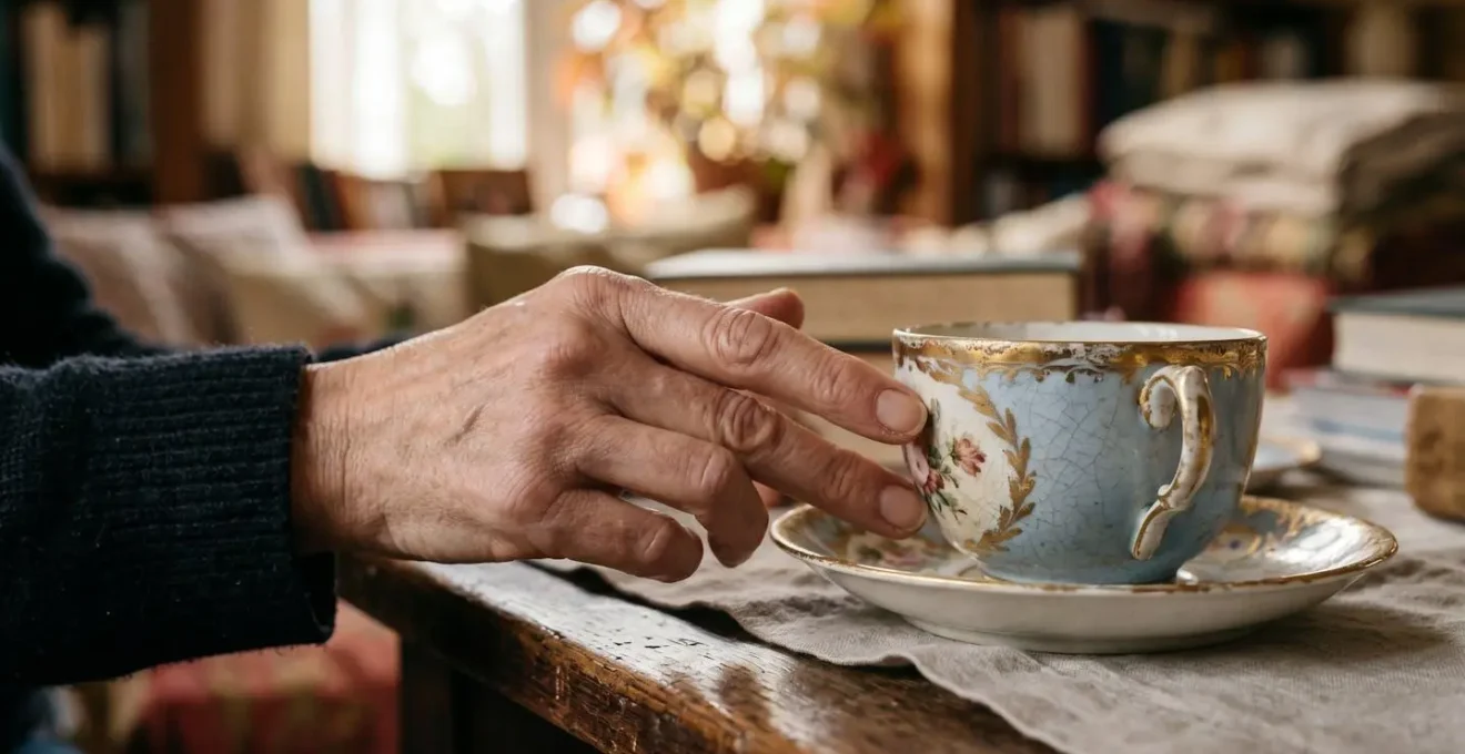 Close-up of authentic age patina on 19th-century French porcelain showing subtle wear on gilding and faint glaze crazing