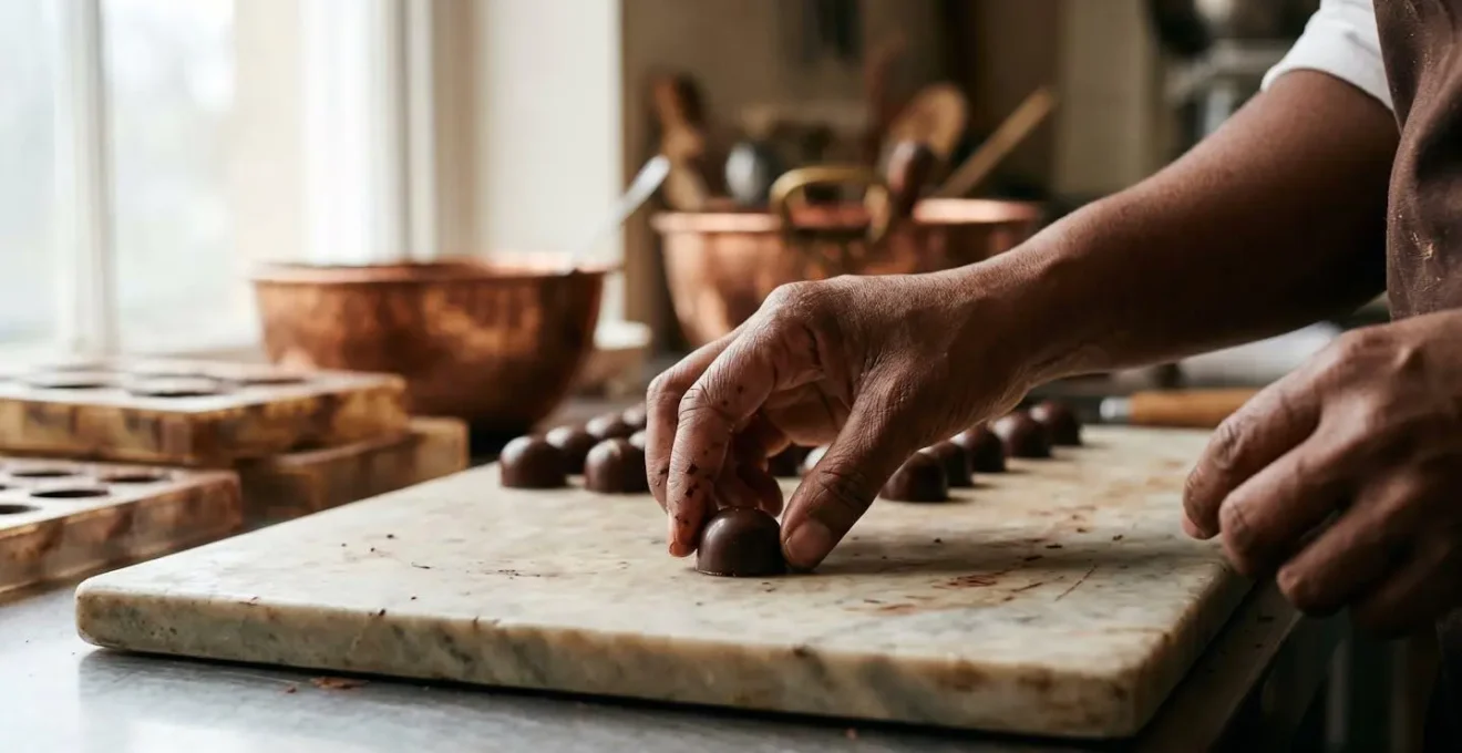 Intimate view of authentic Parisian chocolate artisan workshop showcasing handcrafted bonbon production and traditional techniques