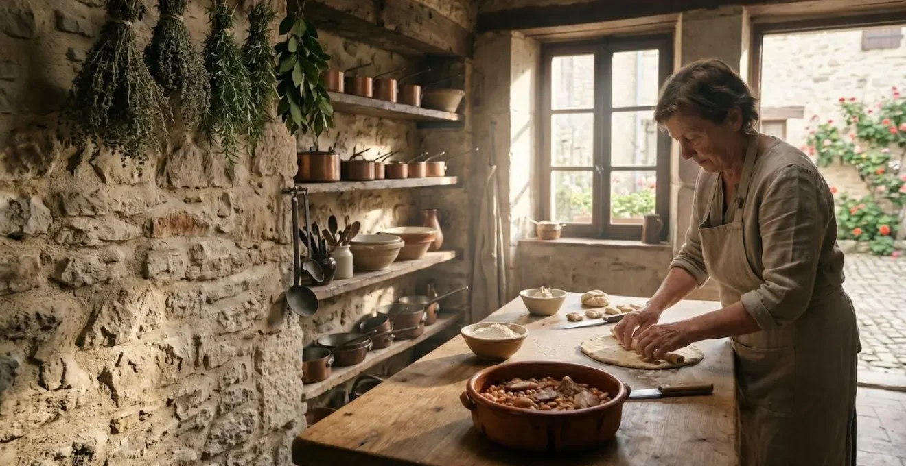 Artisan cook preparing a traditional dish in a rustic kitchen, conveying a sense of time-honoured tradition.