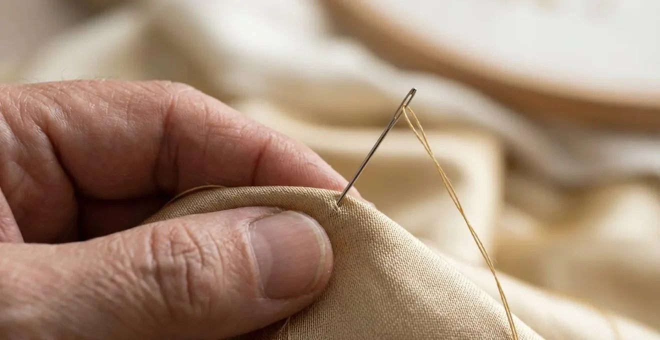 Extreme close-up of artisan hands executing intricate couture embroidery with needle and silk thread on luxurious fabric