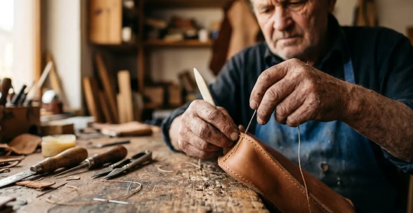 Close-up view of skilled artisan hands crafting traditional French product in authentic workshop setting