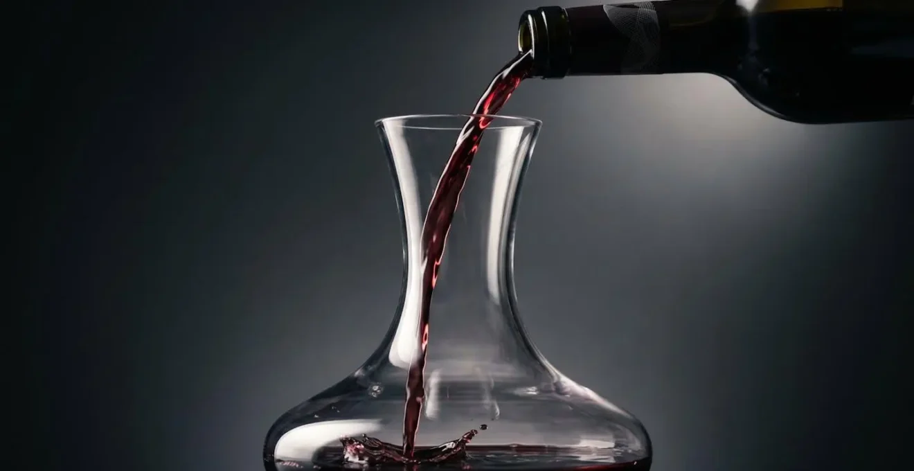Crystal wine decanter with rich red Bordeaux wine mid-pour, capturing dynamic liquid motion and oxygenation