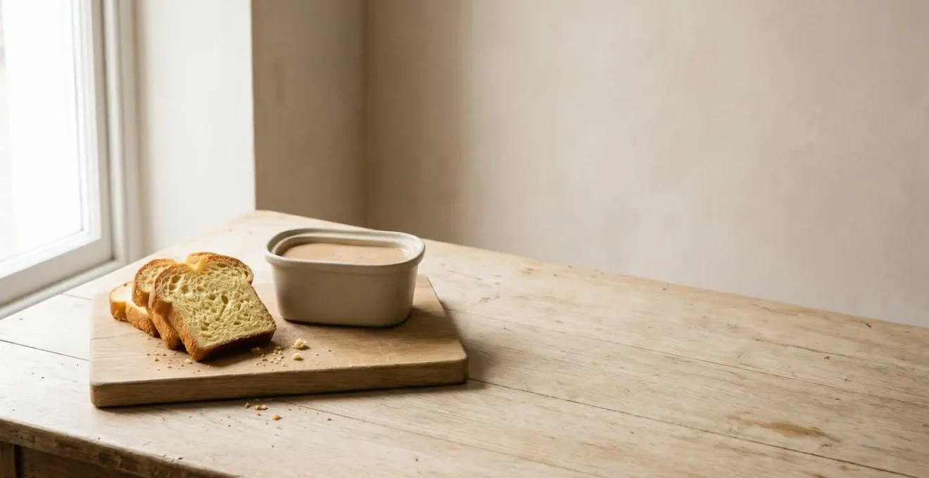 Wide environmental shot of artisanal brioche slices and foie gras terrine on minimalist rustic wooden surface with natural window light