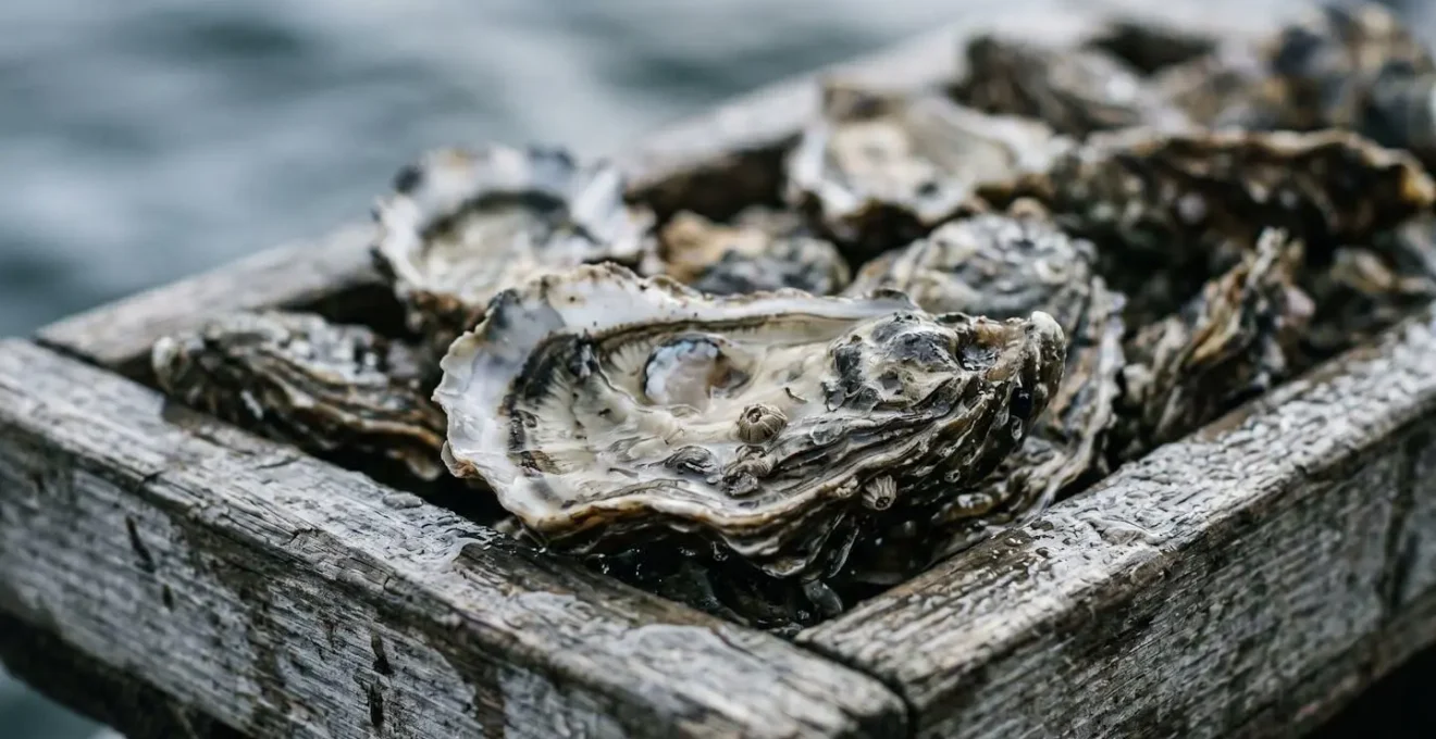 Close-up of freshly harvested oysters being sorted in wooden trays at a Brittany coastal market