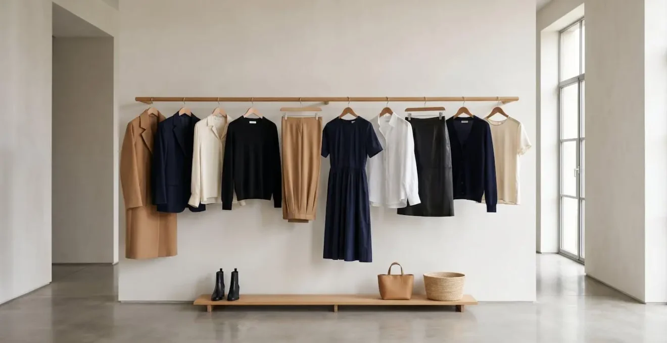 Minimalist composition showcasing luxury wardrobe building concept through curated fashion elements