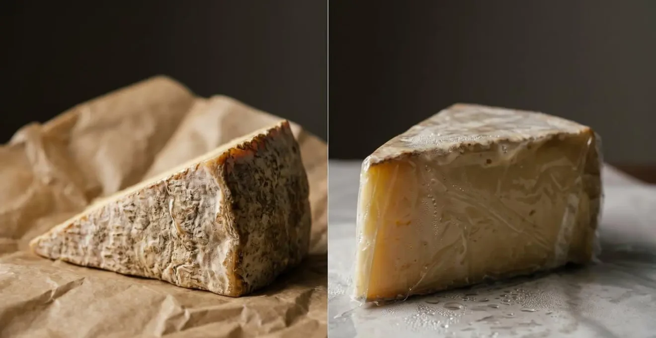 Comparison showing proper cheese storage method versus damaging plastic wrap effects